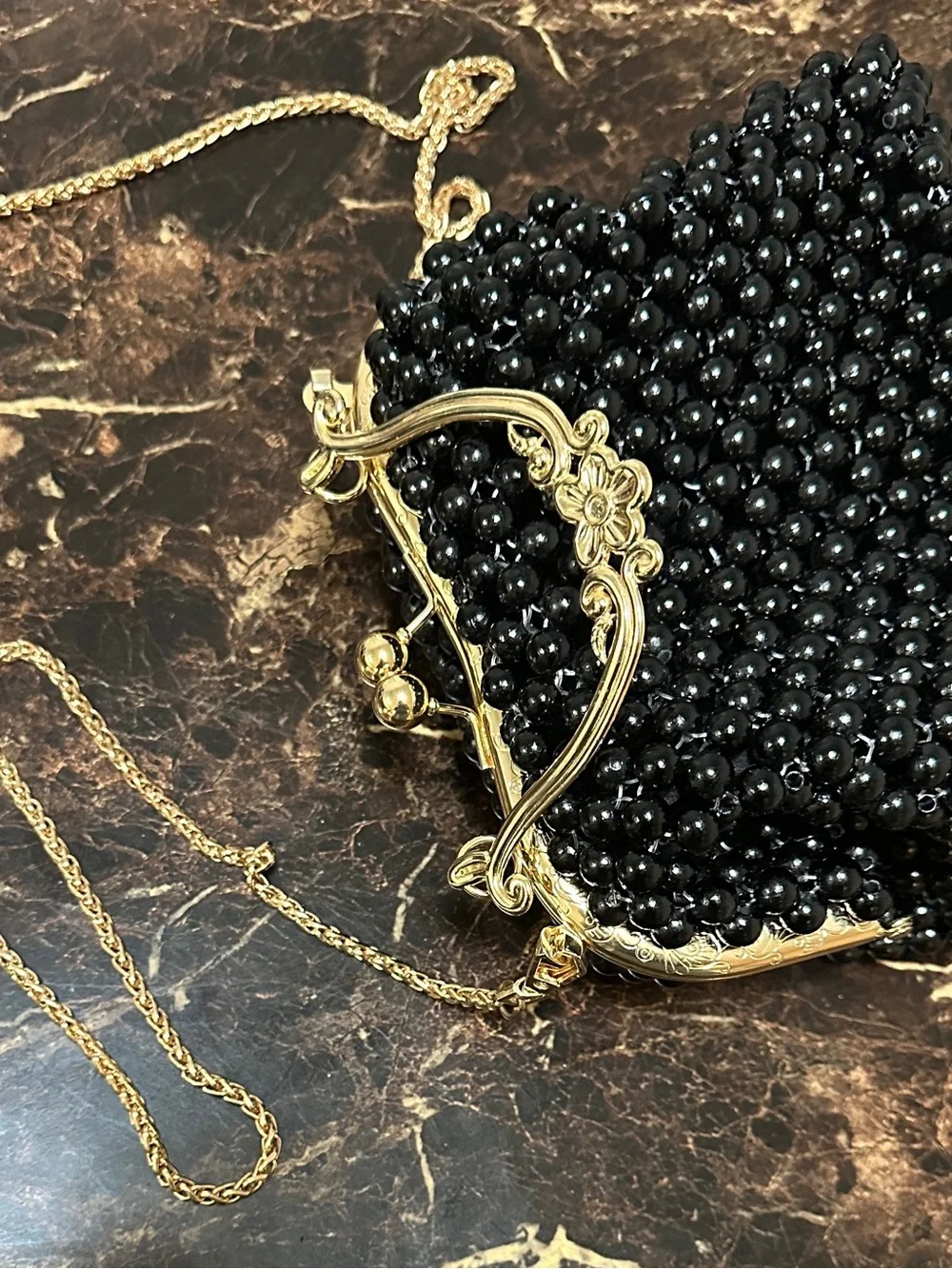 Gold-Trim Black Beaded Evening Clutch with Chain Strap
